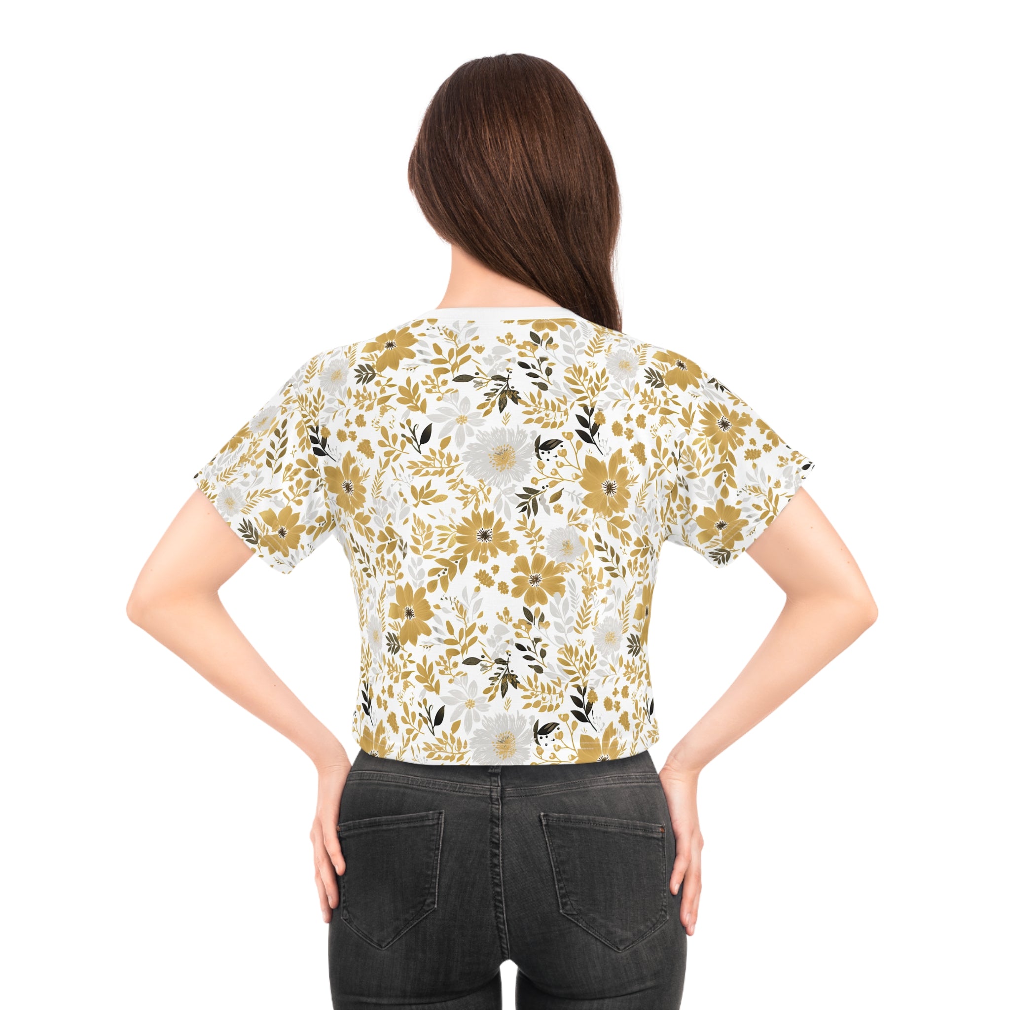 Honey and White colour Floral and Leaf print, regular fit, crew neck Crop Top made in the USA.
