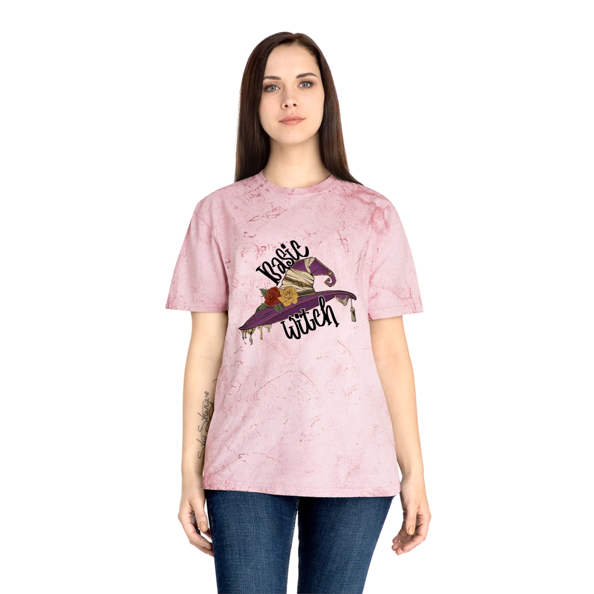"Basic witch" typography with a hat print, regular fit, crew neck colour blast T shirts in pastel pink colour shipped from the USA.